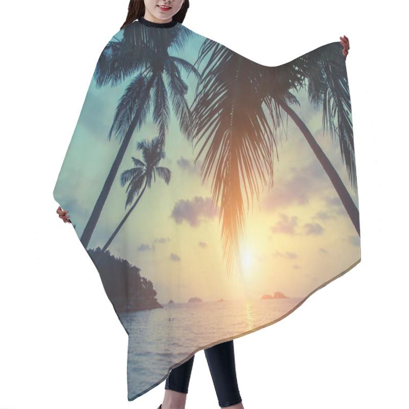 Personality  Tropical Sea Beach During Sunset, With Silhouettes Of Palm Leaves. Hair Cutting Cape