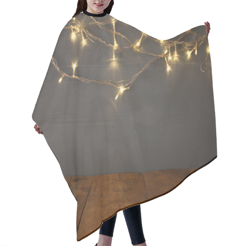 Personality  Empty Table In Front Of Christmas Warm Gold Garland Lights Hair Cutting Cape