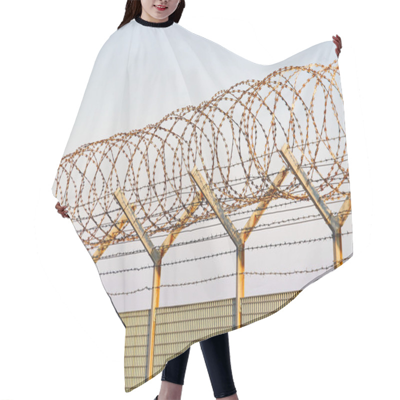 Personality  Detail Of A Metal Grid Fence With Loops Of  Concertina Razor Wire And Barbed Wire Hair Cutting Cape