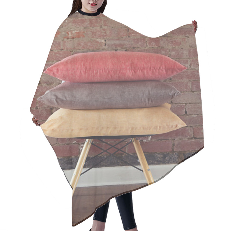 Personality  Stack Of Three Linen Cushions On Chair Hair Cutting Cape