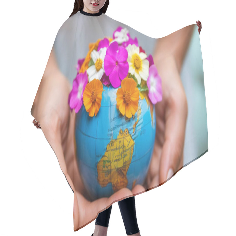 Personality  Extreme Close Up Of A Person's Hands Holding A Globe Made Of Flowers, With Delicate Petals Forming Continents, Symbolizing Harmony Between Nature And Humanity. Hair Cutting Cape