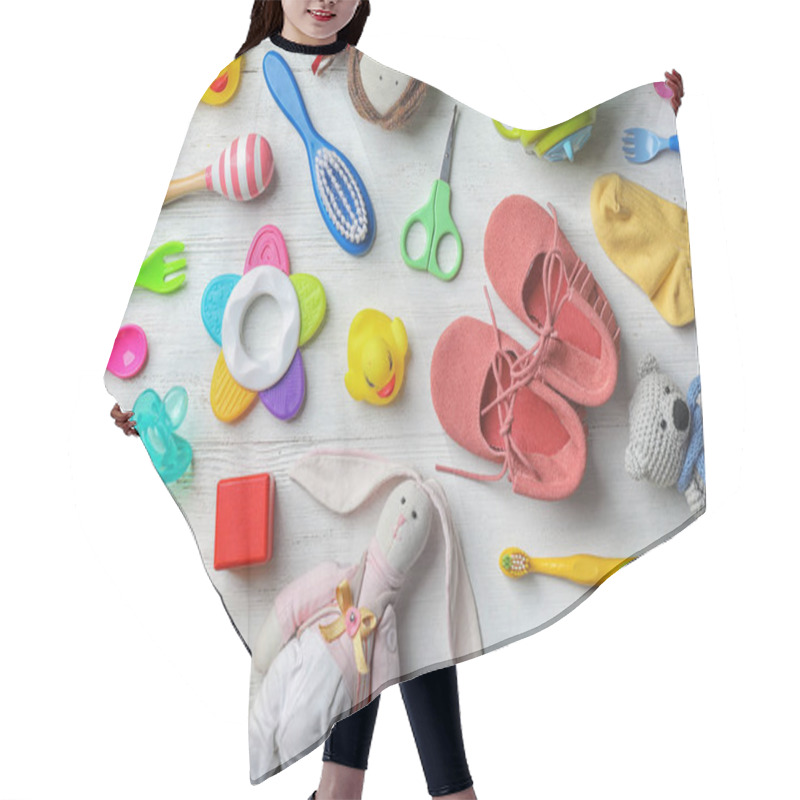 Personality  Flat Lay Composition With Baby Accessories And Toys On Light Wooden Background Hair Cutting Cape