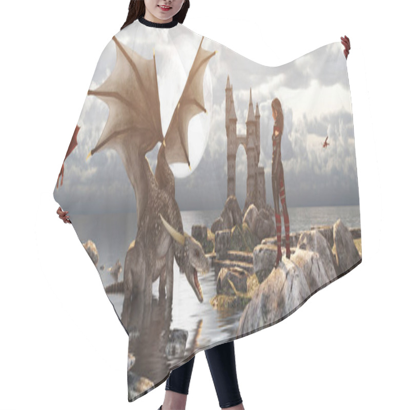 Personality  3d Fantasy Dragon Resting On The Water With Woman Or Dragon Keeper Stay On The Rock In Mythical Island,fiction Banner Concept And Ideas Hair Cutting Cape