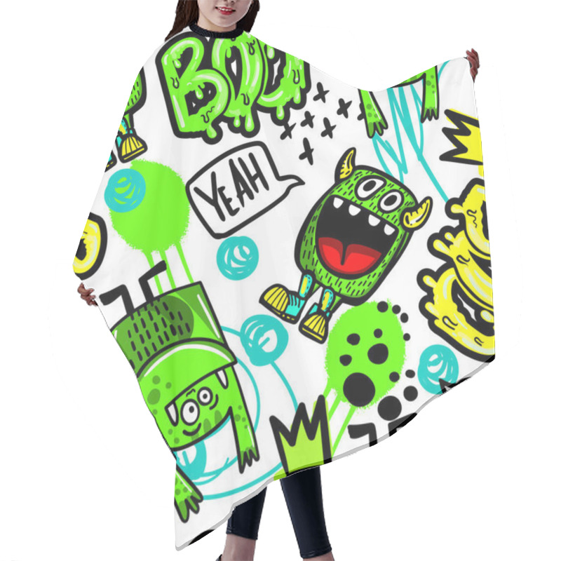 Personality  Hand-drawn Pattern With Green Monsters. Slogans, Graffiti Background. For Children's Textiles, Wrapping Paper, Prints, Stickers Hair Cutting Cape