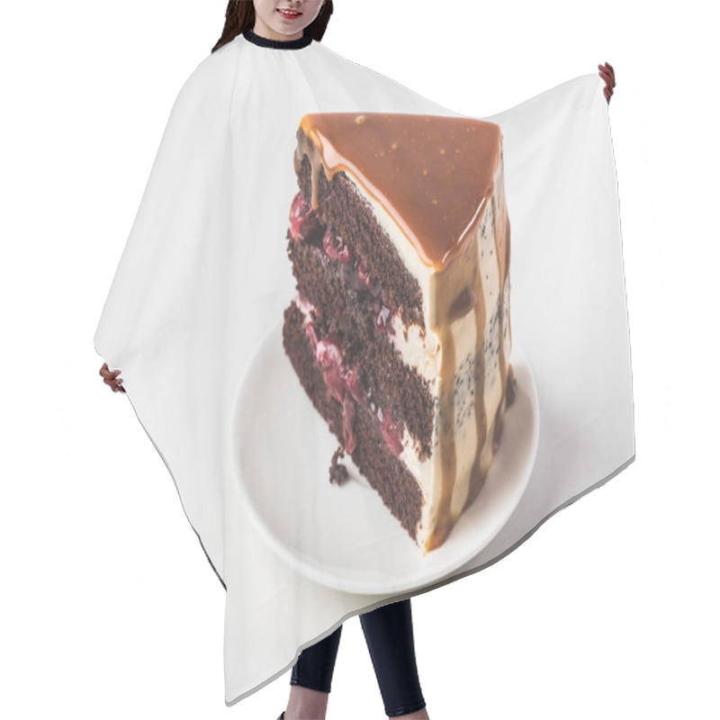 Personality  Close Up View Of Sweet Cherry-chocolate Cake With Caramel On Plate Isolated On White Hair Cutting Cape