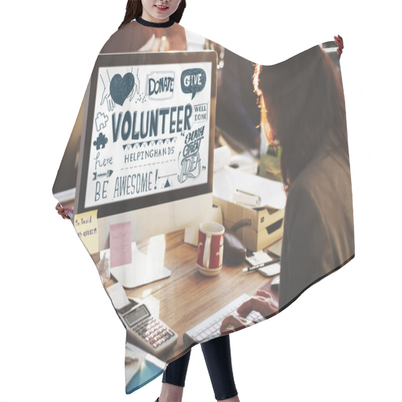 Personality  Businesswoman Looking On Monitor With Volunteer Hair Cutting Cape