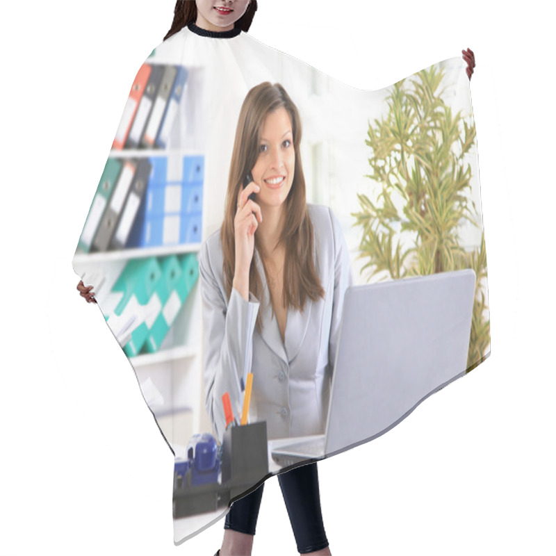 Personality  Young Business Woman Holding The Phone Hair Cutting Cape