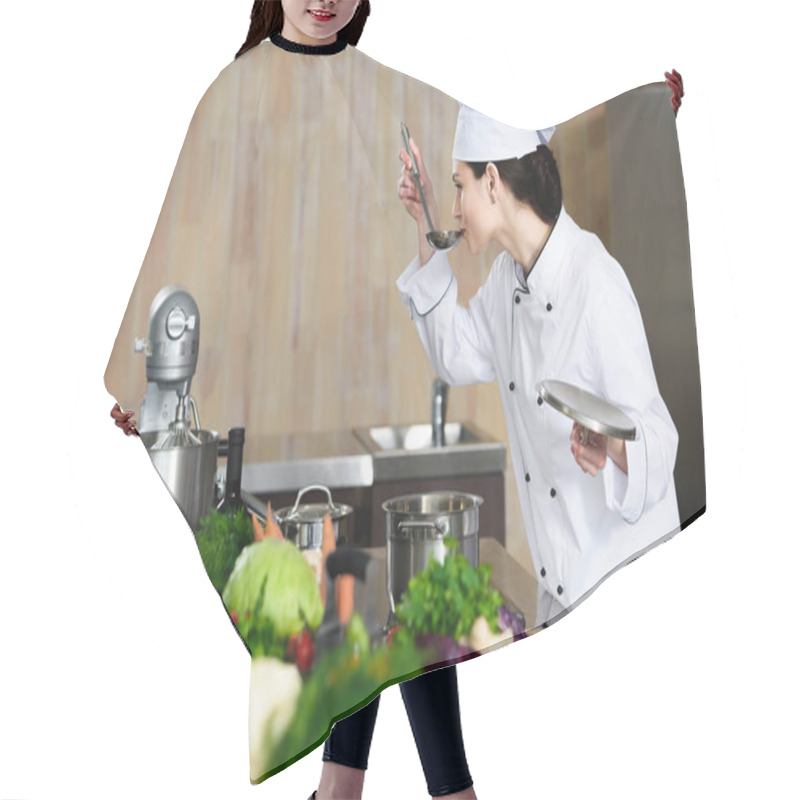 Personality  Female Chef Tasting Dish On Restaurant Kitchen Hair Cutting Cape