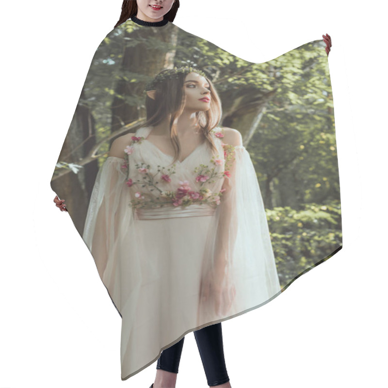 Personality  Attractive Mystic Elf In Floral Wreath And Dress With Flowers In Woods Hair Cutting Cape