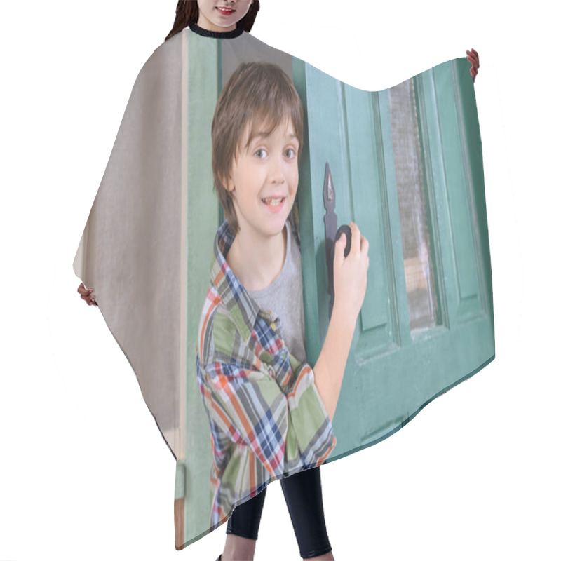 Personality  Boy Standing Near Door Hair Cutting Cape