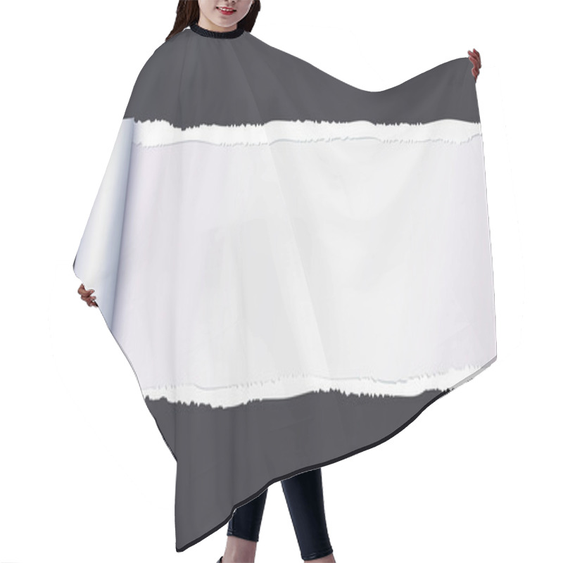 Personality  Realistic Black Torn Open Paper With Space For Text On White Background, Holes In Paper. Torn Strip Of Paper With Uneven, Torn Edges. Coiling Torn Strip Of Paper. Hair Cutting Cape