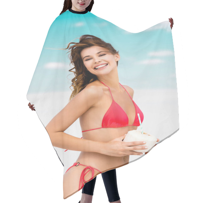 Personality  Smiling Beautiful Sexy Girl In Swimsuit On Beach With Coconut Drink Hair Cutting Cape