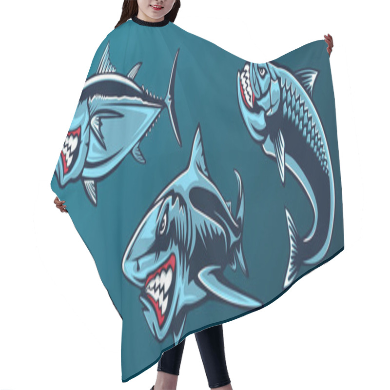 Personality  Fishing Set Of Angry Tuna, Shark And Piranha. Fishing Emblem Of Ocean Fish. Big Eye Tuna. Angry Fishing Club Logotype. Dangerous Fish. Hair Cutting Cape