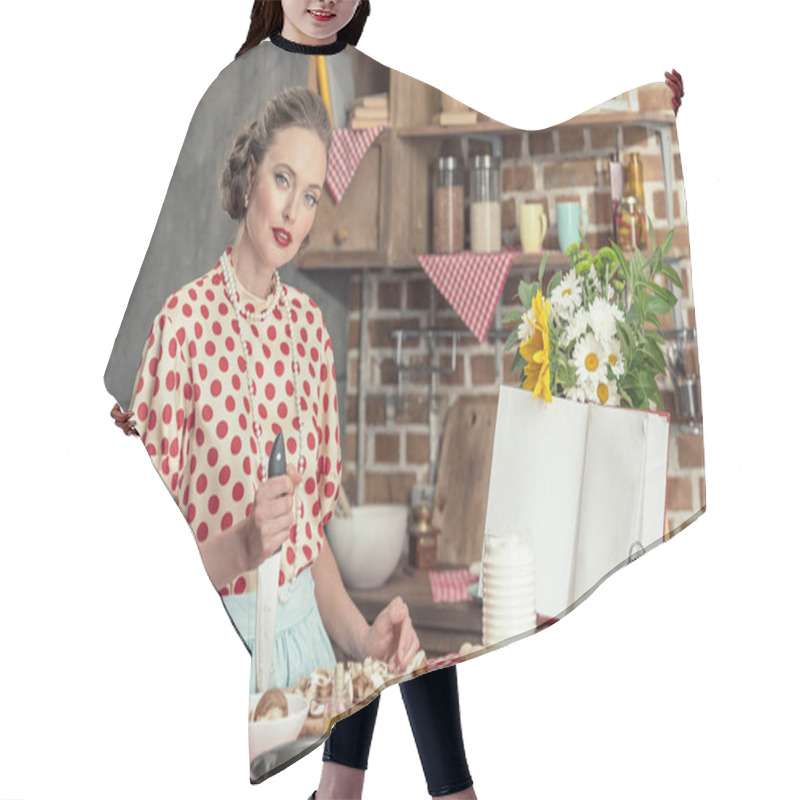 Personality  Beautiful Adult Housewife With Knife Cooking And Looking At Camera At Kitchen Hair Cutting Cape