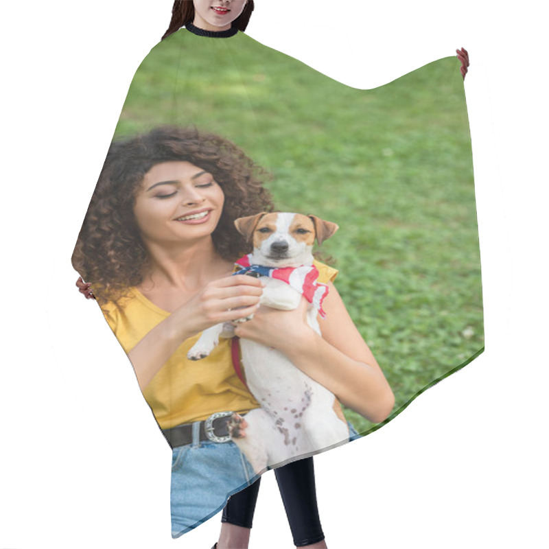 Personality  Selective Focus Of Young Woman Showing Dog At Camera With American Flag Bandana Hair Cutting Cape