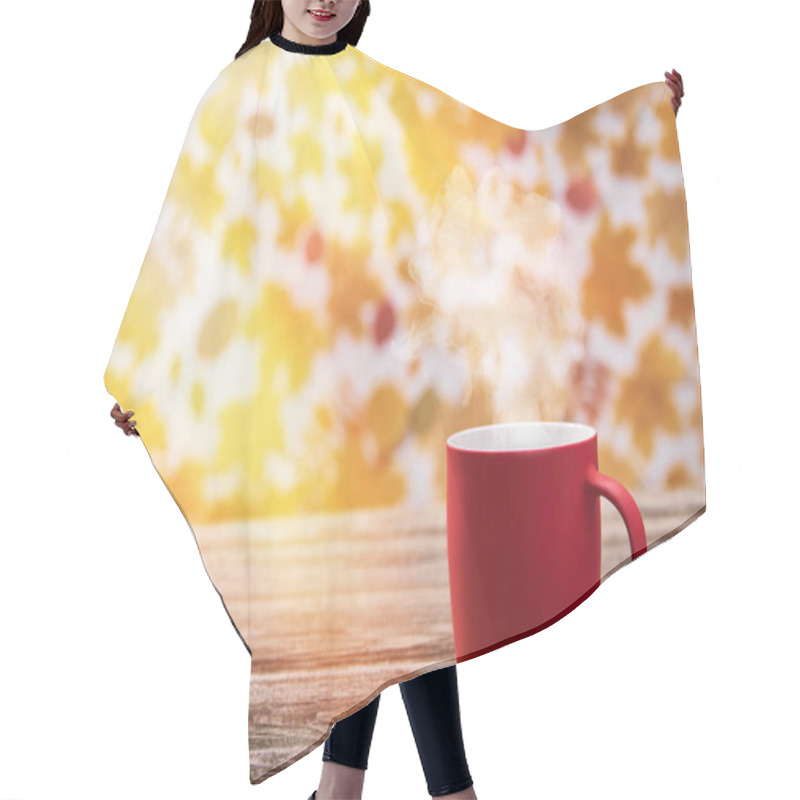 Personality  Hot  Coffee Cup On A Autumn Leaves Background. Red Coffee Mug. Hair Cutting Cape