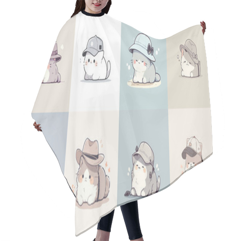 Personality  Eight Cute Cartoon Cats Wearing Various Hats, Each In A Cozy, Pastel-colored Square. Hair Cutting Cape