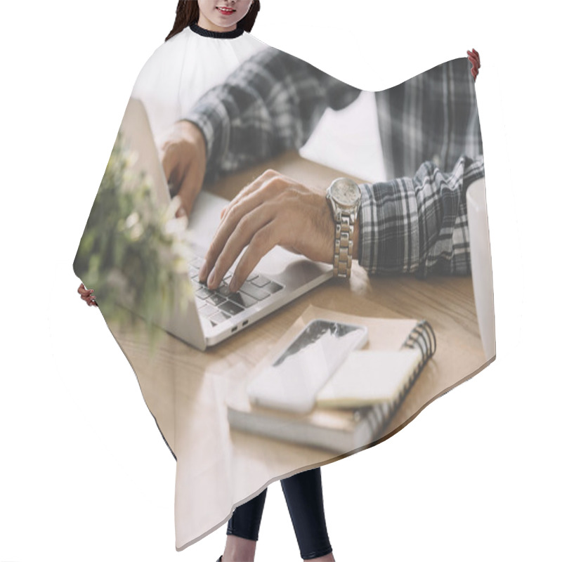 Personality  Cropped Shot Of Man In Plaid Shirt Using Laptop At Workplace Hair Cutting Cape