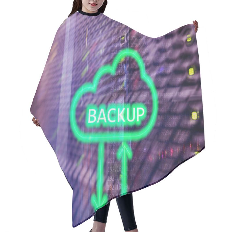 Personality  Backup Button On Modern Server Room Background. Data Loss Prevention. System Recovery. Hair Cutting Cape