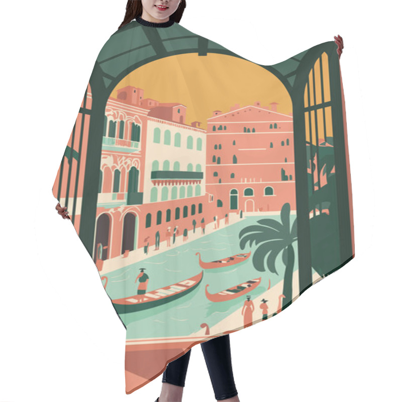 Personality  Flat Vector Gondola Venice Grand Canal Italy City Attraction Background Poster Illustration Hair Cutting Cape