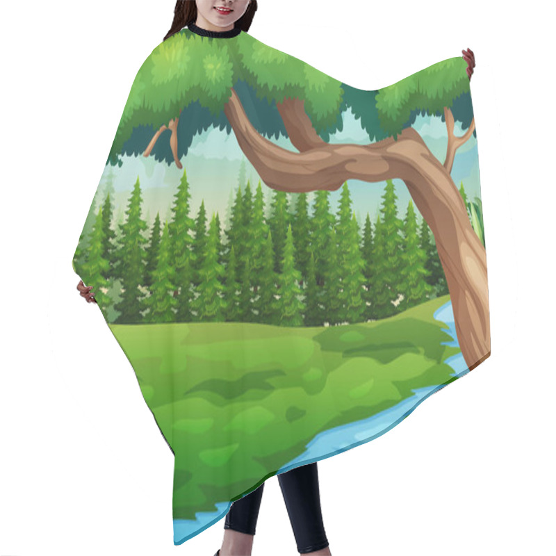 Personality  Nature Forest Landscape With River Flowing Through The Meadow Illustration Hair Cutting Cape