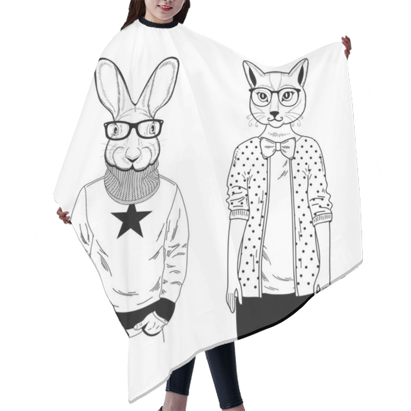 Personality  Couple Of Domestic Cat And Wild Rabbit. Creative Set Of Hand Drawn Animals With Human Body. Vector Illustration For Coloring Book. Hair Cutting Cape