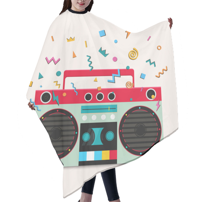 Personality  Retro Stereo Cassette Player. Music Center Publishes Sound Waves. Hair Cutting Cape