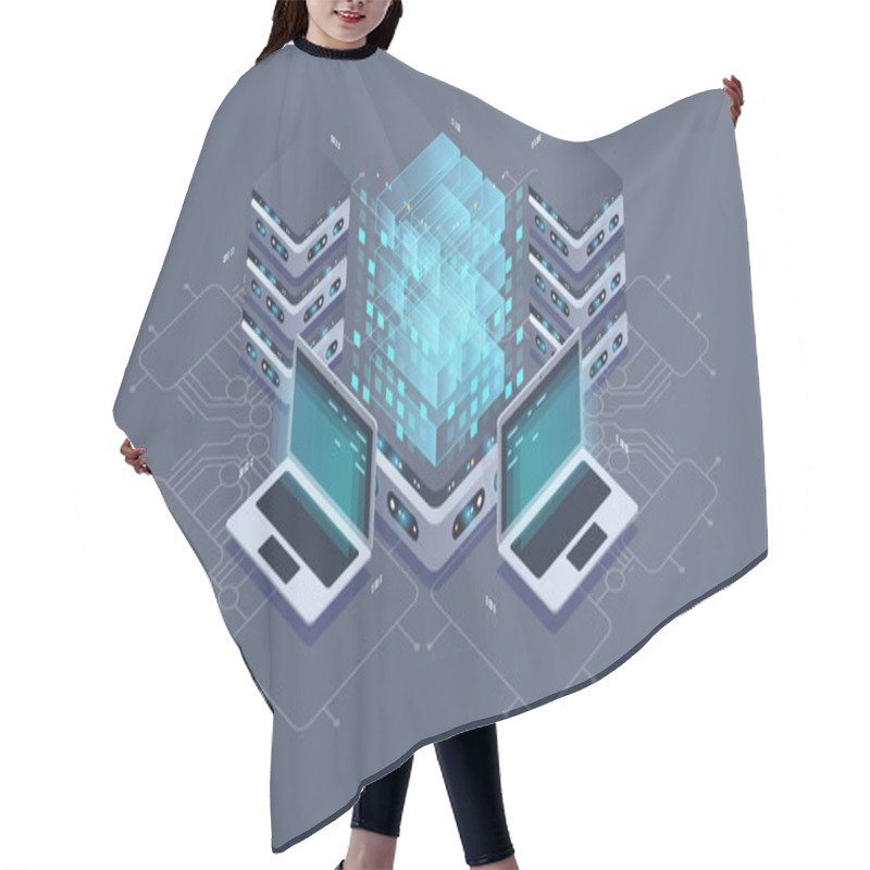 Personality  Technology Isometric Infographic Design For Quantum Computer. Blockchain Server Concept, Server Room, Database, Information Storage. Creative Isometric Concept. Hair Cutting Cape