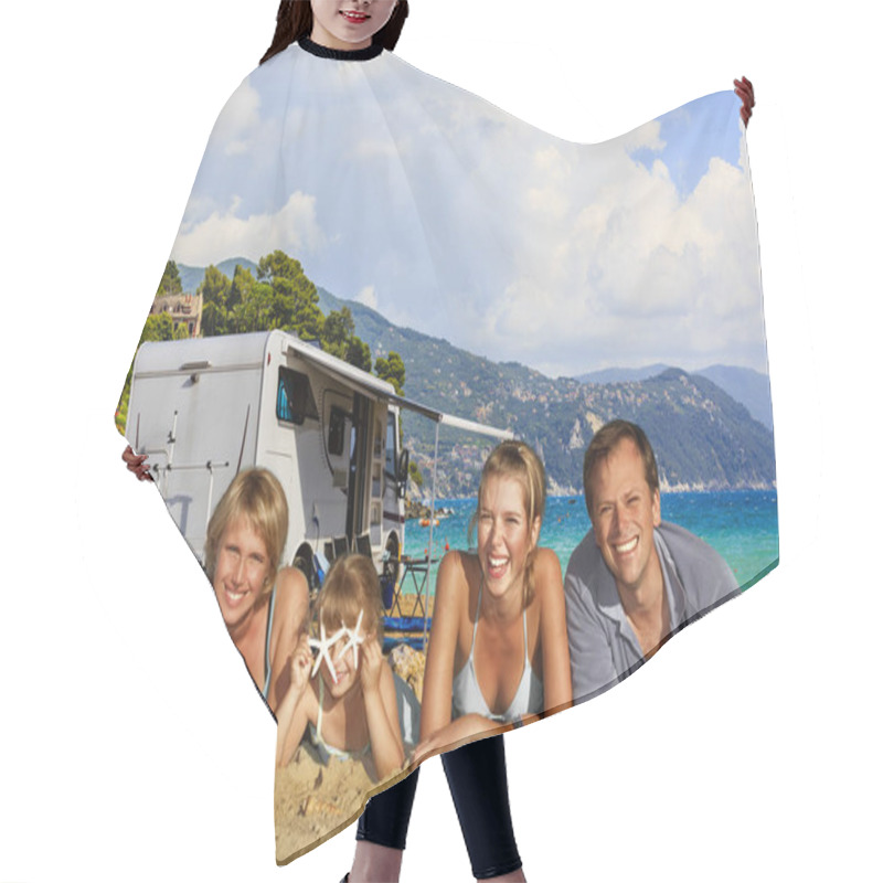 Personality  Family Camping Travel With Camper, RV Summer Beach Holidays. Happy Smiling Family On Mototorhome Vacation. Hair Cutting Cape