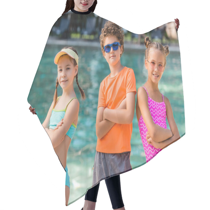 Personality  Boy In Sunglasses And Girls In Swimsuits Posing With Crossed Arms Near Pool Hair Cutting Cape