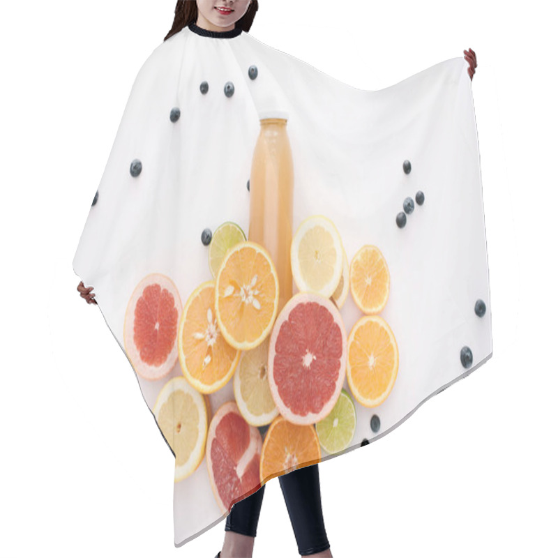 Personality  Top View Of Bottle Of Juice With Citrus Fruits Slices And Blueberries On White Surface Hair Cutting Cape