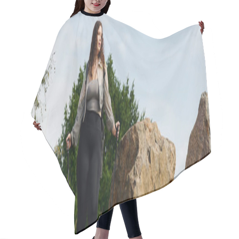 Personality  A Confident Plus Size Woman Enjoys The Natural Beauty Of A Serene Field While Walking. Hair Cutting Cape