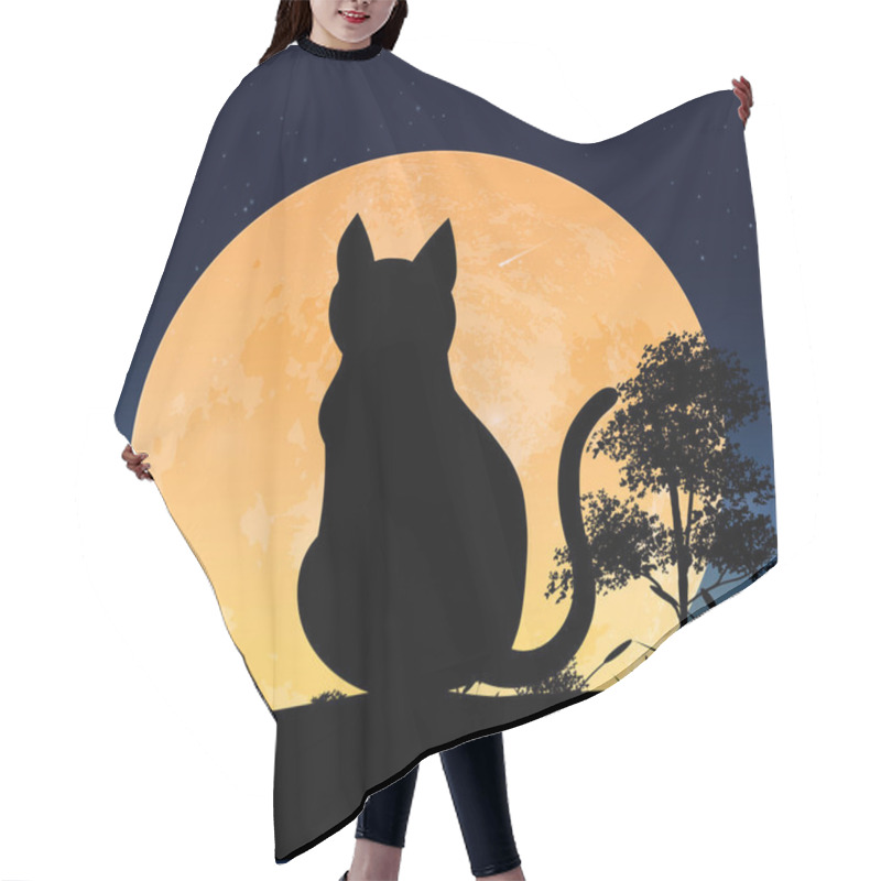 Personality  Silhouette Cat Sitting In Full Moon Night Hair Cutting Cape