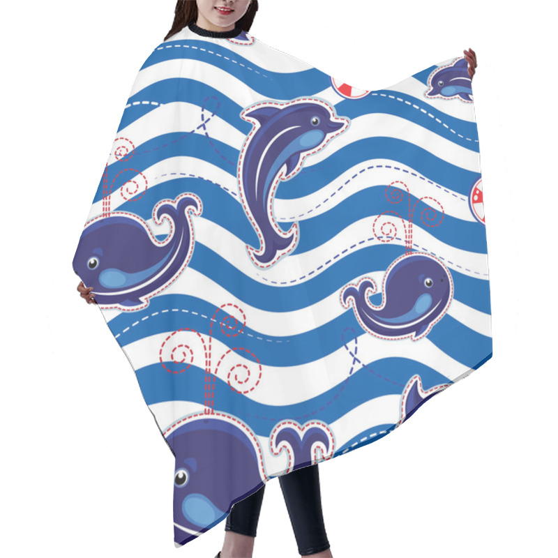 Personality  Seamless Sea Pattern With Dolphins, Whales And Buttons On Stripe Hair Cutting Cape