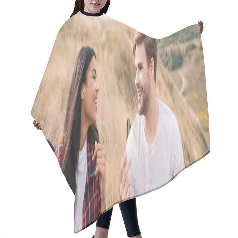 Personality  Cheerful Man Talking To African American Girlfriend On Chairs During Camping On Lawn, Banner  Hair Cutting Cape