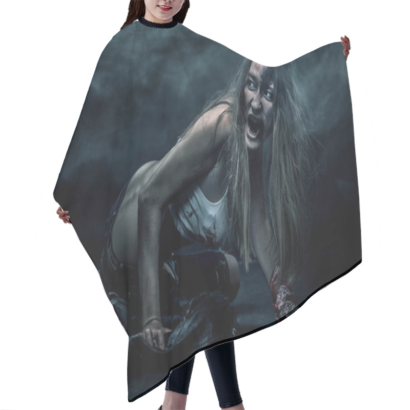 Personality  Zombie Woman, Horror Background For Halloween Concept And Book Cover. Copy Space. Hair Cutting Cape