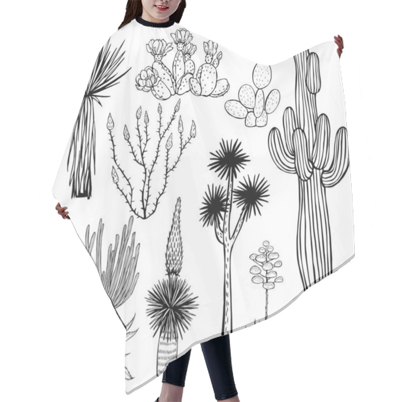 Personality  Desert Plants, Cacti. Vector Sketch  Illustration. Hair Cutting Cape