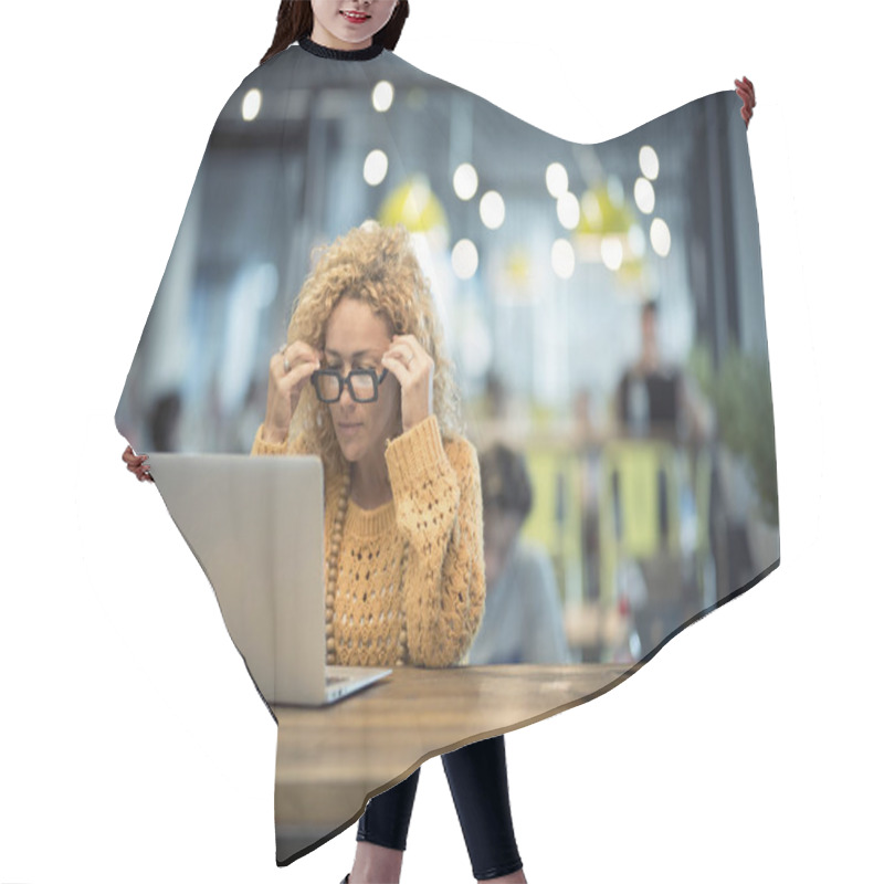 Personality  Concentrated And Stressed Woman At Working On Laptop Connected Computer  Hair Cutting Cape