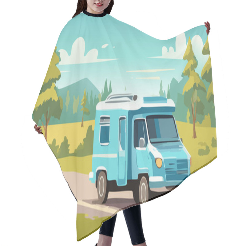 Personality  Blue Camping Trailer Flat Cartoon Style. Road Trip Concept. Hair Cutting Cape