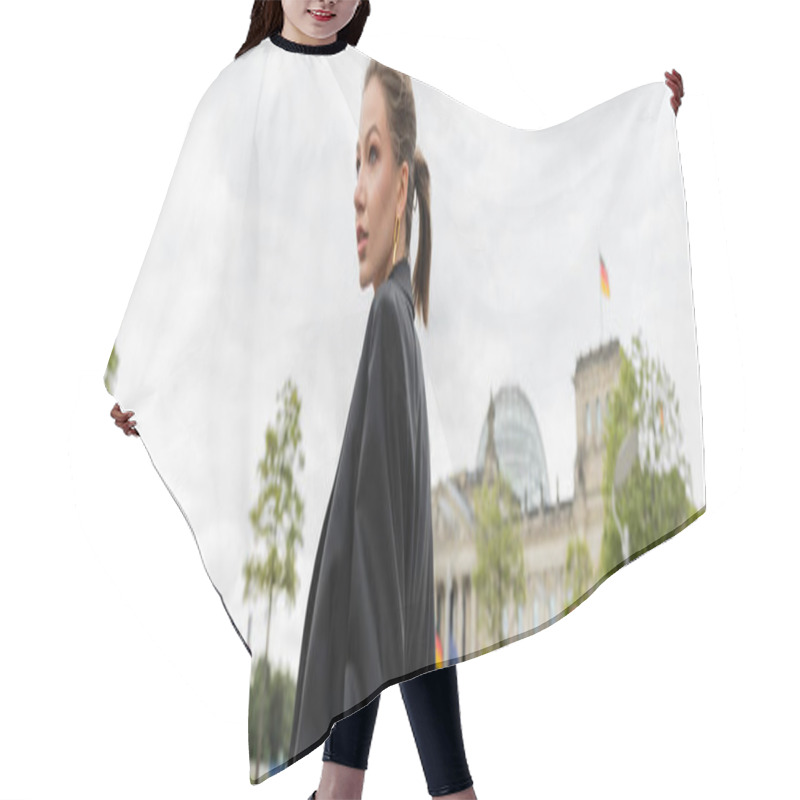 Personality  Fashionable Young Fair Haired Woman In Black Jacket Looking Away While Standing In Berlin, Banner  Hair Cutting Cape