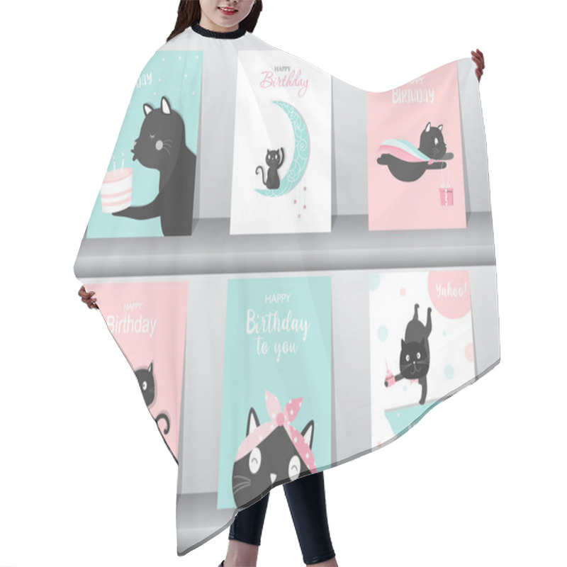 Personality  Set Of Cute Cat On Birthday Backgrounds.Design For Kid Cards,Vector Illustrations.  Hair Cutting Cape