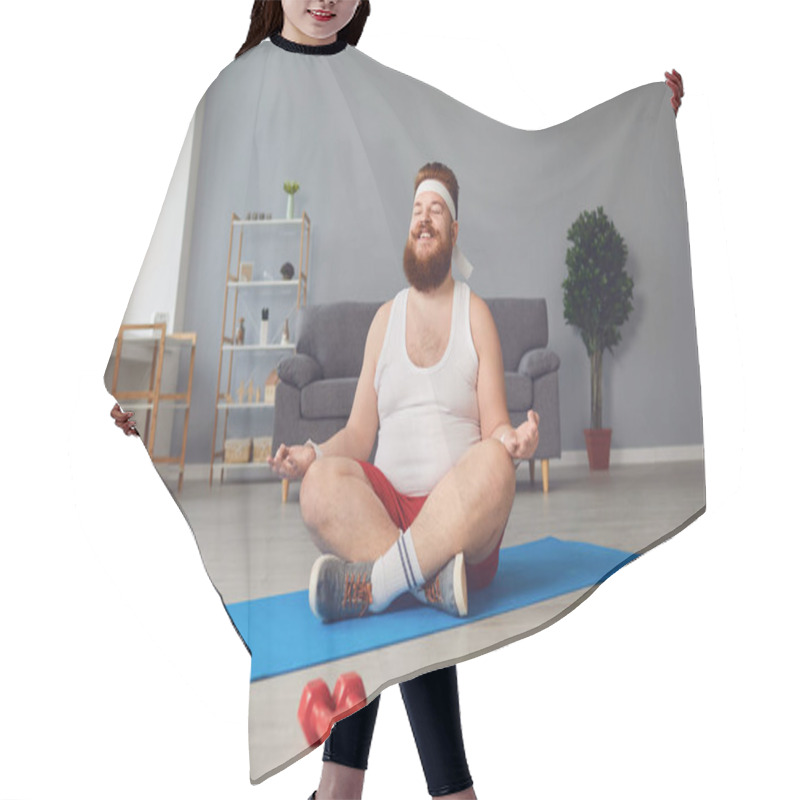 Personality  Funny Yoga. Fat Man Doing Yoga Exercises In The Room. Hair Cutting Cape