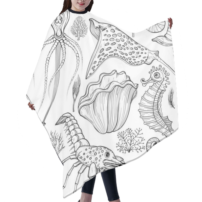 Personality  Seamless Pattern With Hand Drawn Deepwater Living Organisms. Black And White Hair Cutting Cape