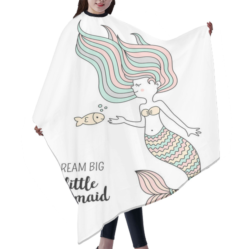 Personality  Cute Little Mermaid With Fish. Under The Sea Vector Illustration. Dream Big Little Mermaid Hair Cutting Cape