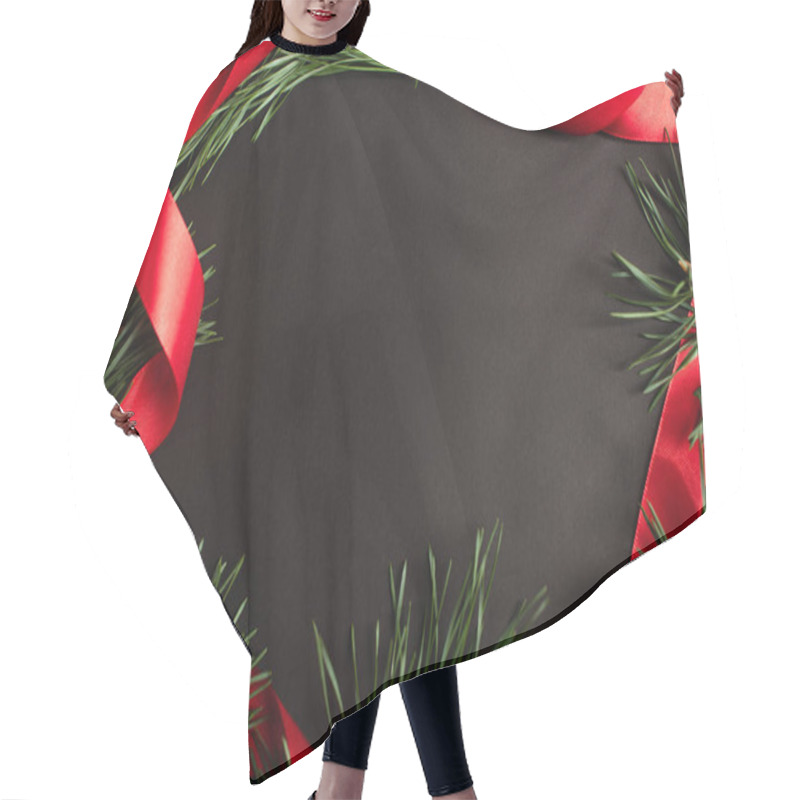 Personality  Top View Of Fir Branches And Red Ribbon On Black Hair Cutting Cape