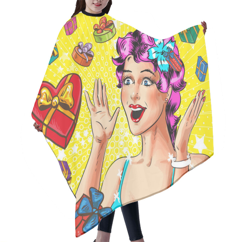 Personality  Vector Pop Art Happy Young Woman With Gift Boxes Hair Cutting Cape