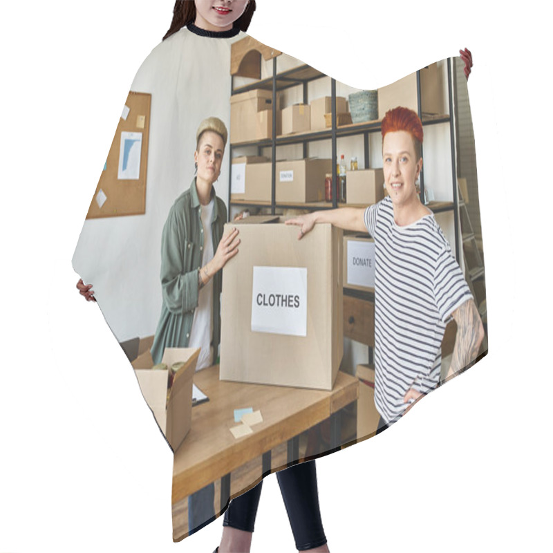 Personality  Volunteers In A Room, Sorting Through Boxes And Organizing Items Together. Hair Cutting Cape