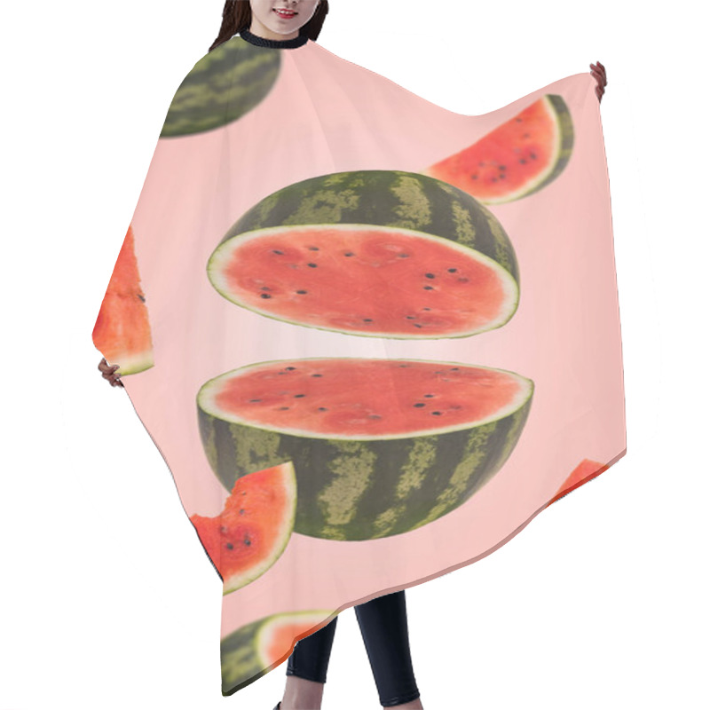 Personality  Ripe Watermelon Cut Into Pieces Flying In The Air. Floating, Flying, Levitating Sliced Fresh Watermelon On Trendy Colored Background. Creative And Abstract Food Concept. Hair Cutting Cape