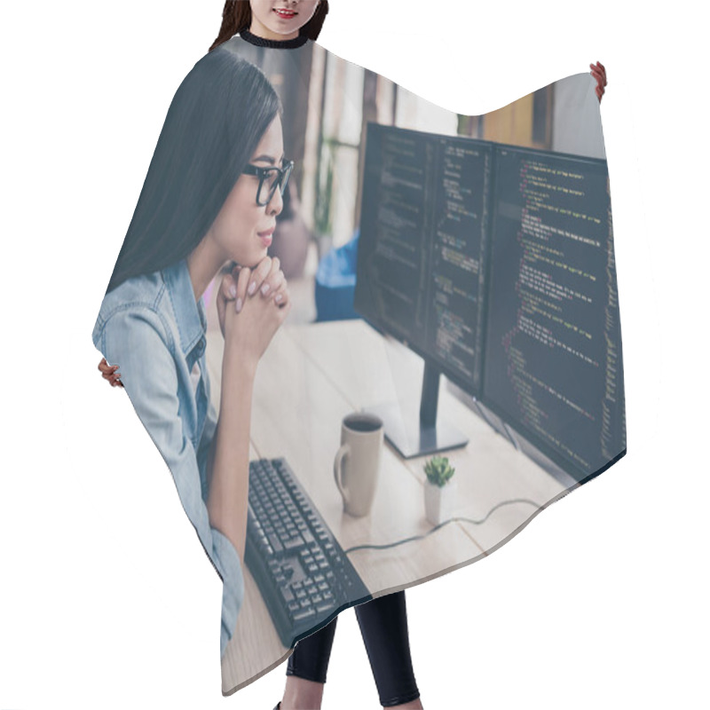 Personality  Profile Side View Portrait Of Attractive Focused Girl Geek Research Database Css Linux Intranet Network At Workplace Workstation Indoors Hair Cutting Cape