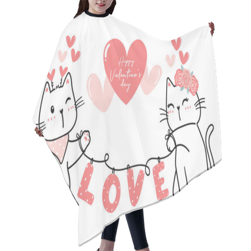 Personality  Cute Valentine Cat Couple With Heart Love, Happy Valentine's Day, Cute Cat Cartoon Outline Pink Heart Vector For Banner, Printable Stuff, Greeting Card Hair Cutting Cape